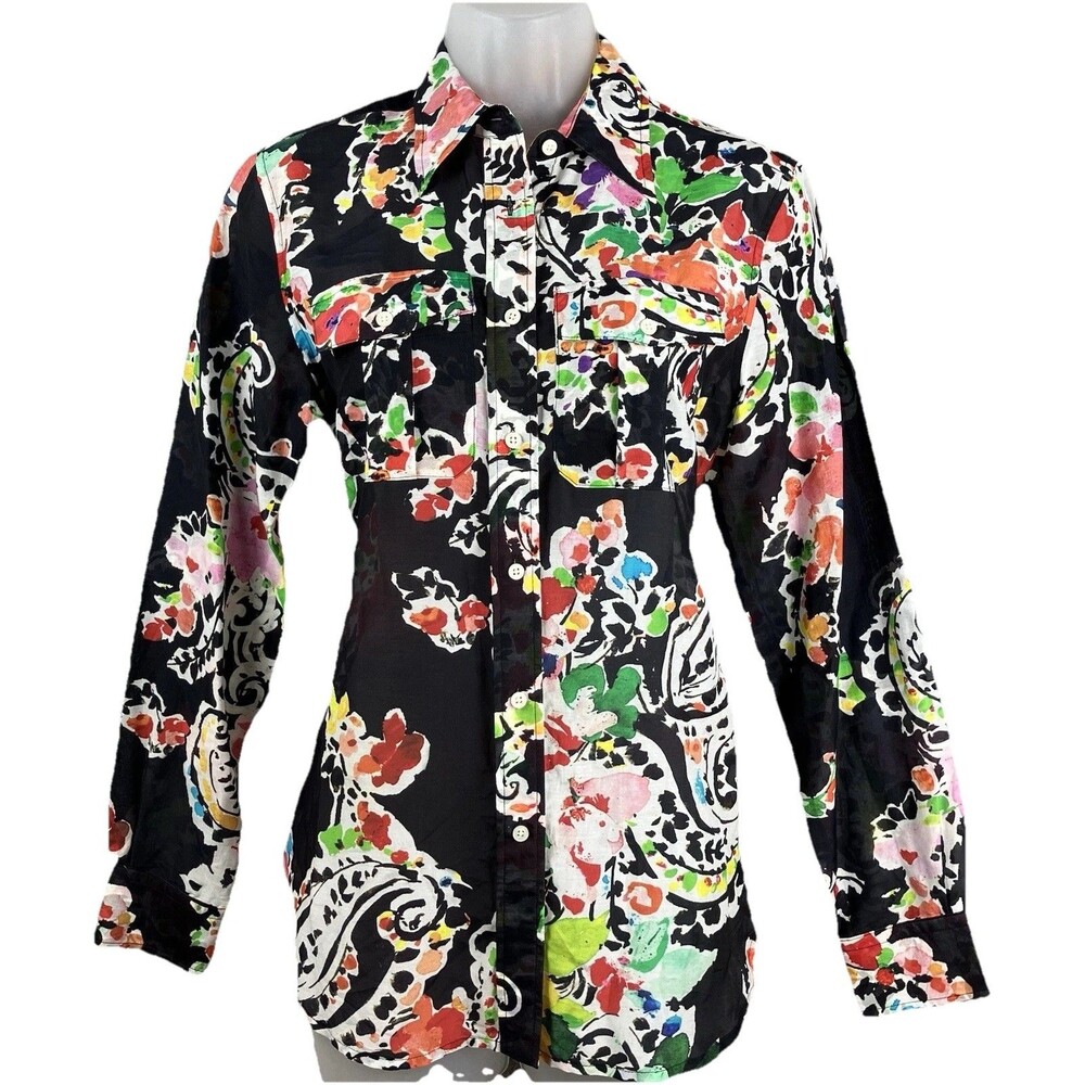 Lauren Ralph Lauren Silk Blend Button Up-Blouse XS Colorful Preppy Bloomcore